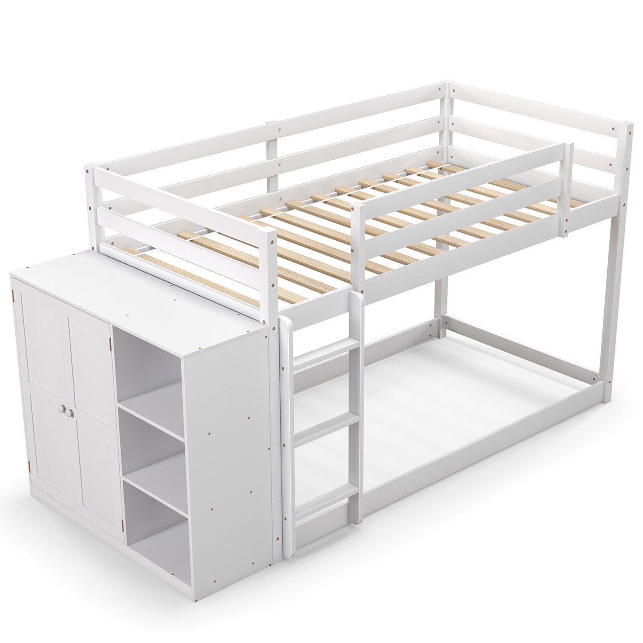 White Convertible Twin Bunk Bed with Bookcase and Ladder Storage